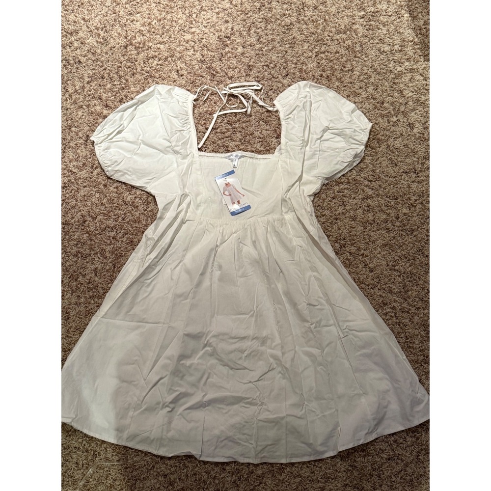 DraperJames White Puff Sleeve Babydoll Mini Dress Tie Back Square Neck Large NWT
